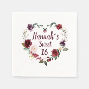 Rote Florale Herz Sweet 16 Party Serviette