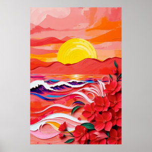 Rote florale Küsten-Quilling-Kunst mit Sonnenaufga Poster