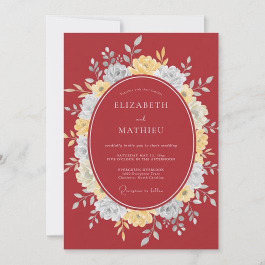 Rote florale Romantik-Hochzeit Einladung (Vorderseite)