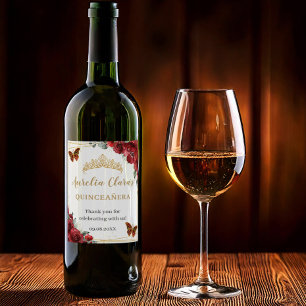 Rote florale Schmetterlinge Gold Quinceañera Gebur Weinetikett