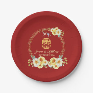 Rote florale Vogel-Chinesische Hochzeit Pappteller