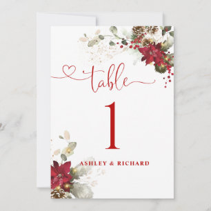 Rote Florale Weihnachts-Hochzeit-Tischnummernkarte