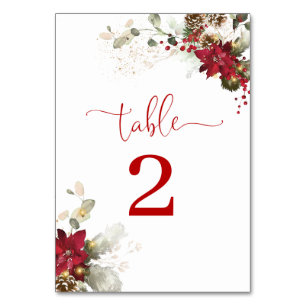 Rote Florale Weihnachts-Hochzeit-Tischnummernkarte Tischnummer