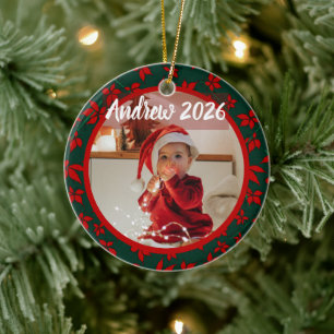 Rote Florale Weihnachtsstern-Baby-Erstweihnachts-F Keramik Ornament