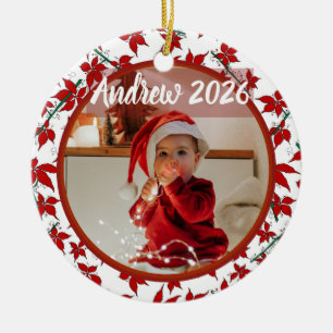Rote Florale Weihnachtsstern-Baby-Foto zum ersten  Keramik Ornament