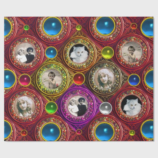 ROTE FLORALISCHE CHRISTMAS KROWNS,BLAUE GEMS FOTO GESCHENKPAPIER (Flach)