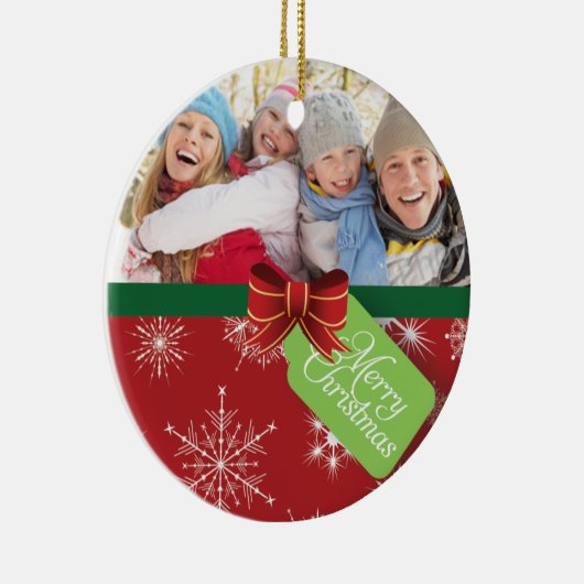 Rote Foto-Schneeflocke-frohe Keramikornament (Rechts)