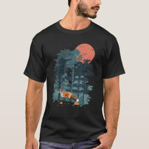 Rote Foxe Pine Tree Sky Birds T-Shirt