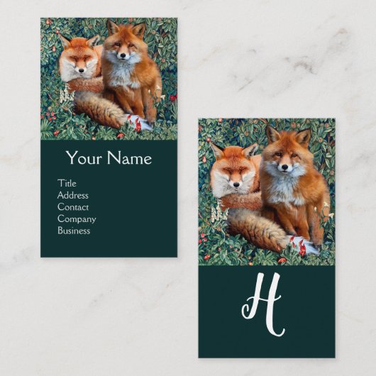ROTE FOXE UNTER GREENERIE, FOLIAGE, BLUME Monogram Visitenkarte (Vorne/Hinten)