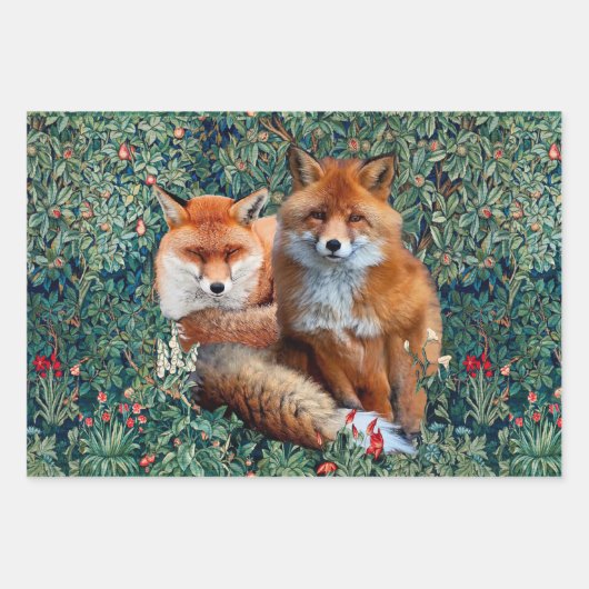 ROTE FOXE UNTER GRÖSSE, FOLIAGE UND BLUME GESCHENKPAPIER SET (Vorderseite)
