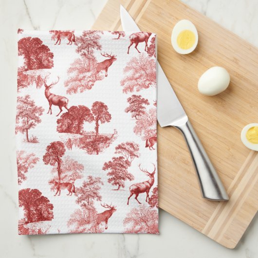Rote französische Toile Deer Forest Geschirrtuch (Viertel Falte)