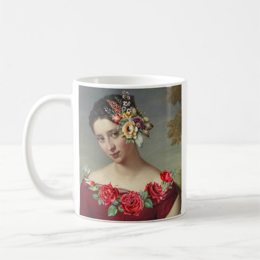 Rote Frau mit Blume und Zitat. Kaffeetasse (Links)