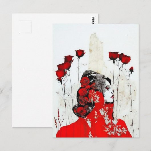 Rote Frau mit Rote Rosen Postkarte (Vorne/Hinten)
