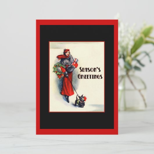 Rote Frau mit Scottish Terrier Open House Einladung (Stehend Vorderseite)