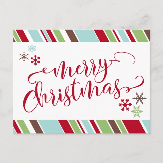 Rote frohe Weihnachten, Schneeflocken & Diagonale Feiertagspostkarte (Vorderseite)
