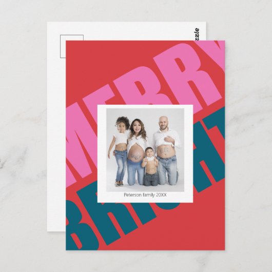 Rote fröhliche, farbenfrohe Weihnachten Moderne Fo Postkarte (Vorne/Hinten)