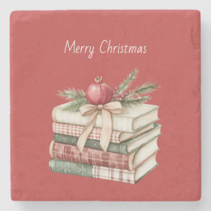 Rote Frucht Granatapfel Bücher Weihnachten Steinuntersetzer