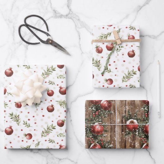 Rote Frucht Granatapfel Weihnachten Geschenkpapier Set (Vorderseite)