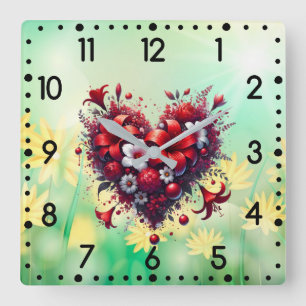 Rote Frühlingsblumen Herz-53476 Quadratische Wanduhr