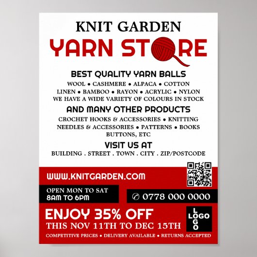 Rote Garne-Store-Logo, Knittershop, Garnspeicher Poster (Vorne)