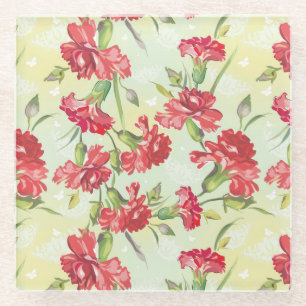 Rote Gartennelken auf Grün mit Schmetterlingen Glasuntersetzer