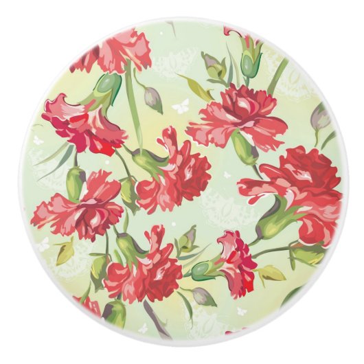 Rote Gartennelken auf Grün mit Schmetterlingen Keramikknauf (Vorderseite)