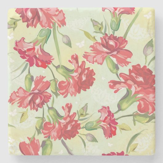 Rote Gartennelken auf Grün mit Schmetterlingen Steinuntersetzer (Vorderseite)