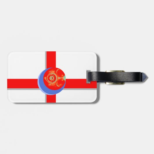 Rote Gasmaske Gepäckanhänger mit Ledergurt (Rückseite horizontal)