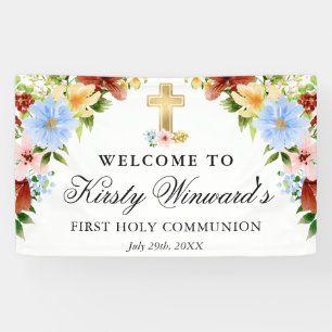 Rote, gelbe blaue Blumen 1. Heilige Kommunion Banner