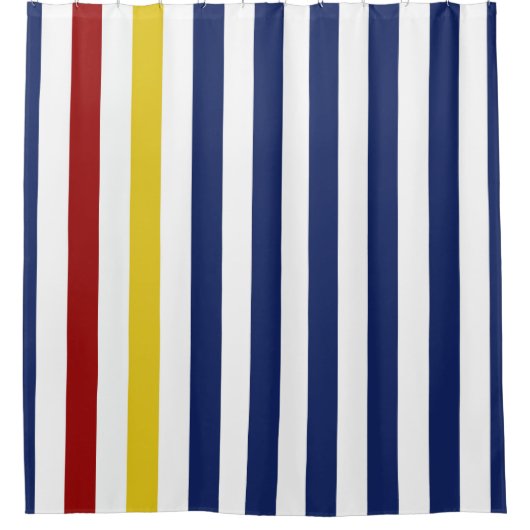 Rote gelbe blaue und weiße Streifen Duschvorhang (Vorderseite)