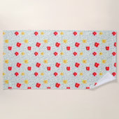 Rote gelbe Blumen, grüner blauer Polka-Punkt Strandtuch (Vorderseite)
