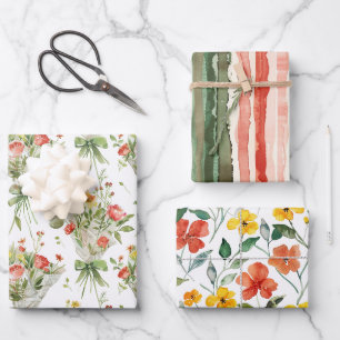 Rote Gelbe Blumen Streifen Geburtstag Geschenkpapier Set