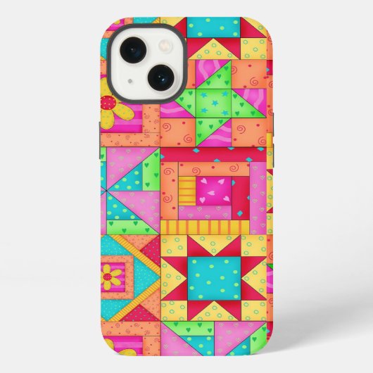 Rote gelbe bunte Patchwork-Quilt-Kunst iPhone Hülle (Rückseite)