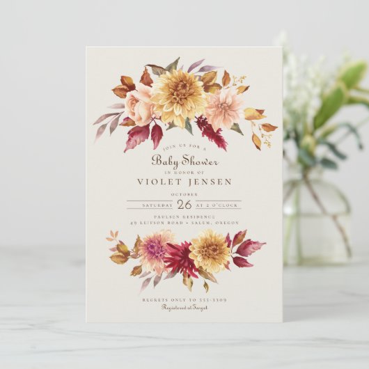 Rote Gelbe Fall Blume Girl Baby Dusche Einladung (Stehend Vorderseite)