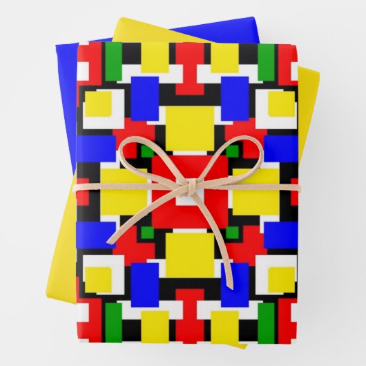 Rote, gelbe, schwarze, blaue und grüne Geometrien Geschenkpapier Set (Beispiel)
