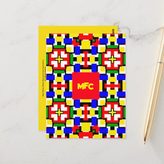 Rote, gelbe, schwarze, blaue und grüne Geometrien Postkarte (Vorderseite/Rückseite Beispiel)