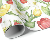 Rote gelbe Tulpenblumen Erdbeeren Geschenkpapier (Rolleneckpunkt)