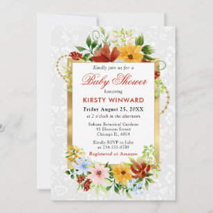 Rote, gelbe und blaue Blumen Gold Baby Shower Einladung