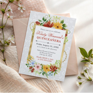 Rote, gelbe und blaue Blumen Goldene Quinceanera Einladung
