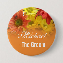 Rote, gelbe und orangefarbene Braut, Hochzeit des Button