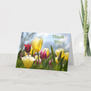 Rote, gelbe und rosa Tulpen in der Sonne Dankeskarte