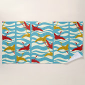 ROTE GELBFLÄCHENKRÄNE AUF WEISSEN BLAUEN MEERWELLE STRANDTUCH (Vorderseite)