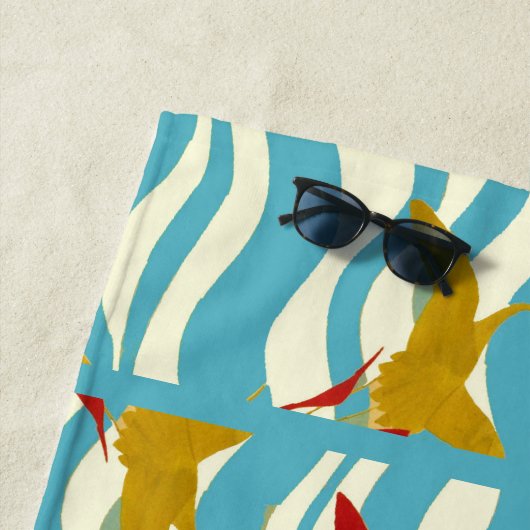 ROTE GELBFLÄCHENKRÄNE AUF WEISSEN BLAUEN MEERWELLE STRANDTUCH (Beispiel)