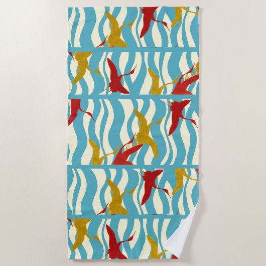 ROTE GELBFLÄCHENKRÄNE AUF WEISSEN BLAUEN MEERWELLE STRANDTUCH (Vorderseite)