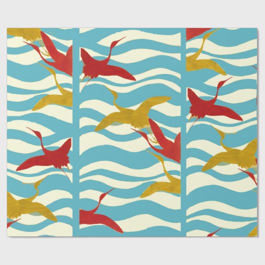 ROTE GELBFLYING KRÄNE AUF WEISSEN BLAUEN MEERWELLE GESCHENKPAPIER (Flach)