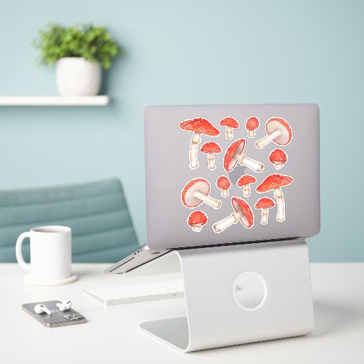Rote Gepunktete Aquarellmushrooms Aufkleber (Laptop auf Schreibtisch)