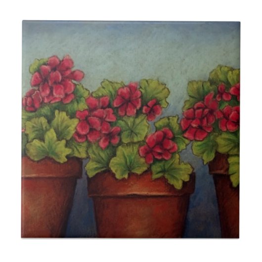 Rote Geranien in Tontöpfen Fliese (Vorderseite)