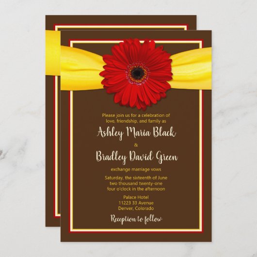 Rote Gerbera mit gelber Schleife Einladung (Vorne/Hinten)