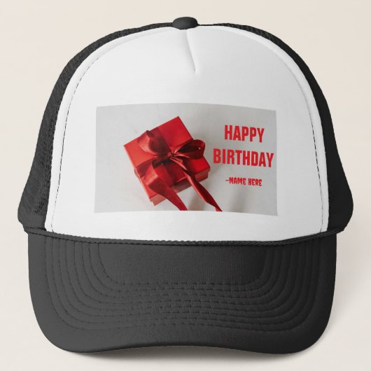 Rote Geschenkboxen Wrapper Text Happy Birthday-Cap Truckerkappe (Vorderseite)