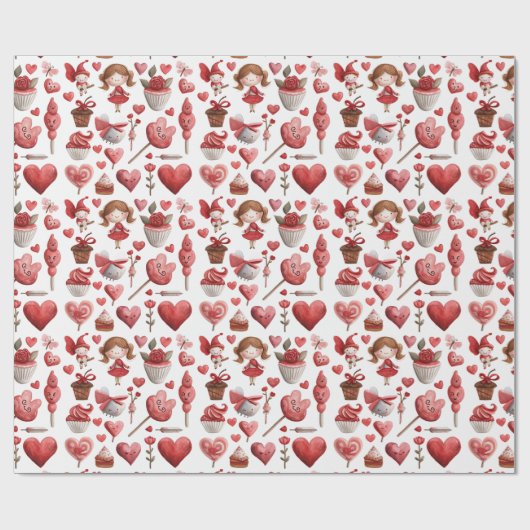 Rote Geschenke, Herz, Süßigkeiten und Kinder Geschenkpapier (Flach)